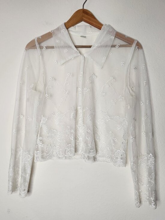 via 101 Tops - Via 101 Lace Collared Embellished Long Sleeve Button Down Bow Print Top Crop